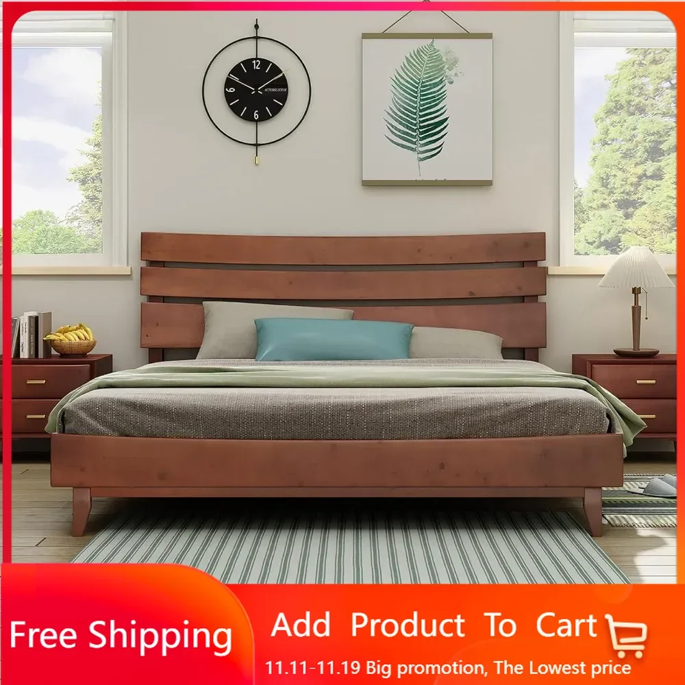 Solid Wood Bed Frame with Headboard, 14 inch Queen Size Japanese Bed Frame, Mid-Century Platform Bed, Solid Wood Slats Support