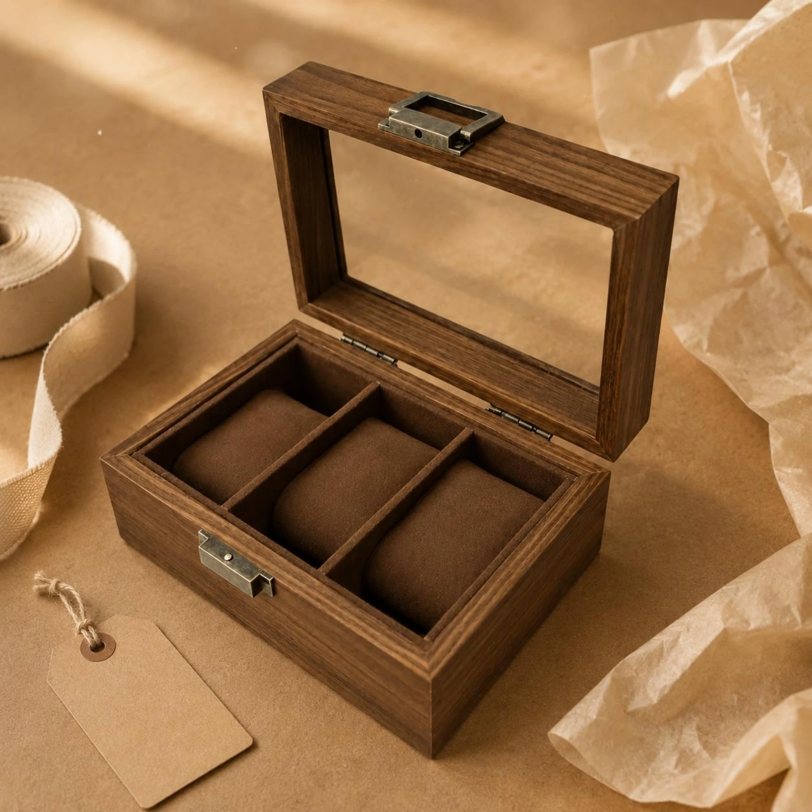 Watch Display Box Velvet Lined Glass-Top Watch Box Timepiece Holder Walnut Wood-Grain Home Storage Metal Latch
