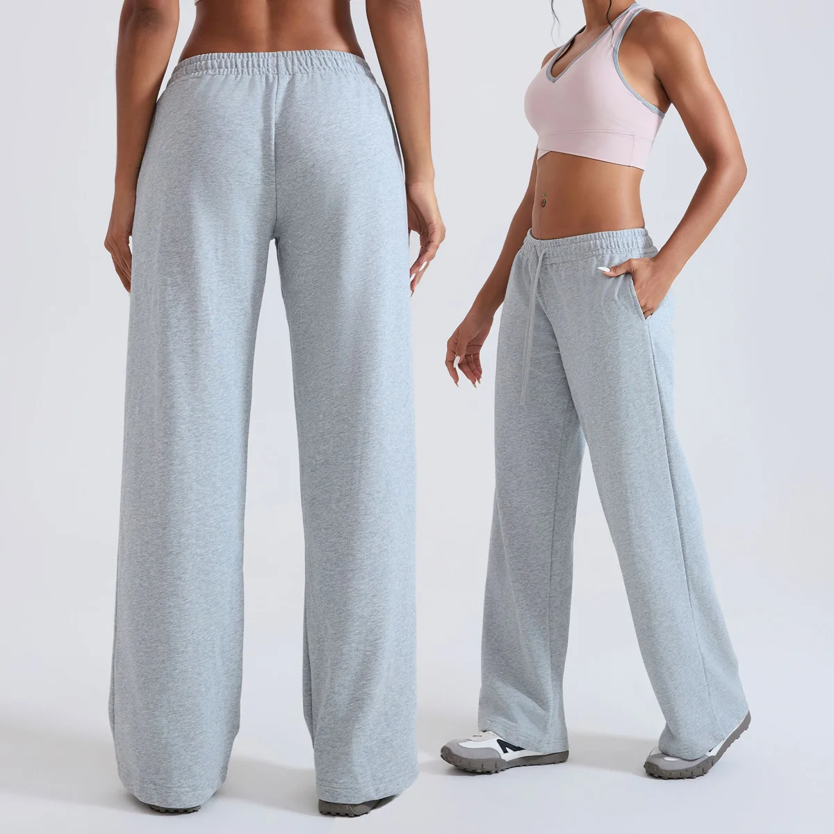 Women Causal Trouser Drawstring High Waist Loose Sporty Jogger Pants Baggy Straight Wide Leg Sweatpants with Pockets