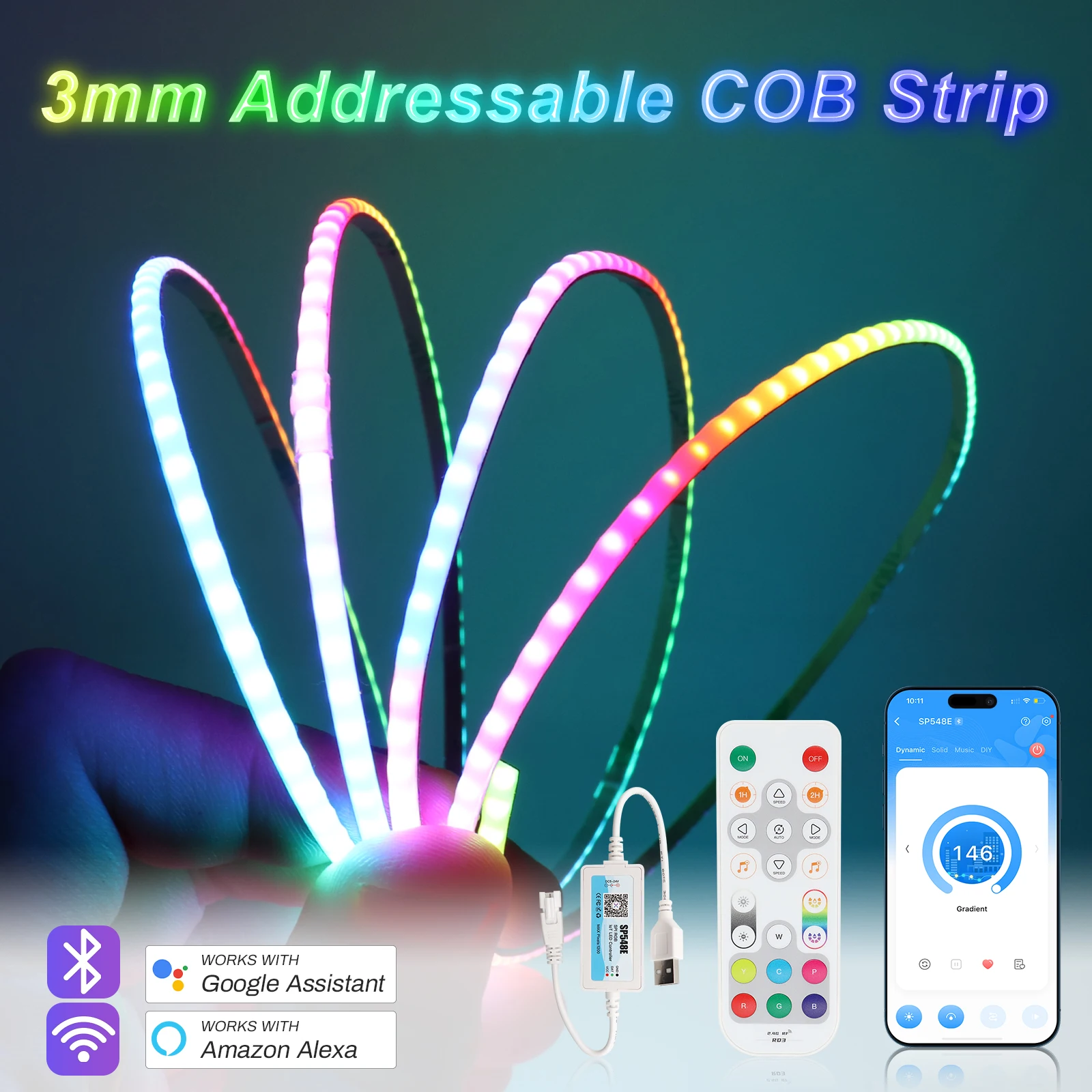 5V New 3mm Super Thin Addressable COB LED Strip RGBIC Individual Pixel Control 240LEDs WS2812B Dream Color USB Powered LED Tape