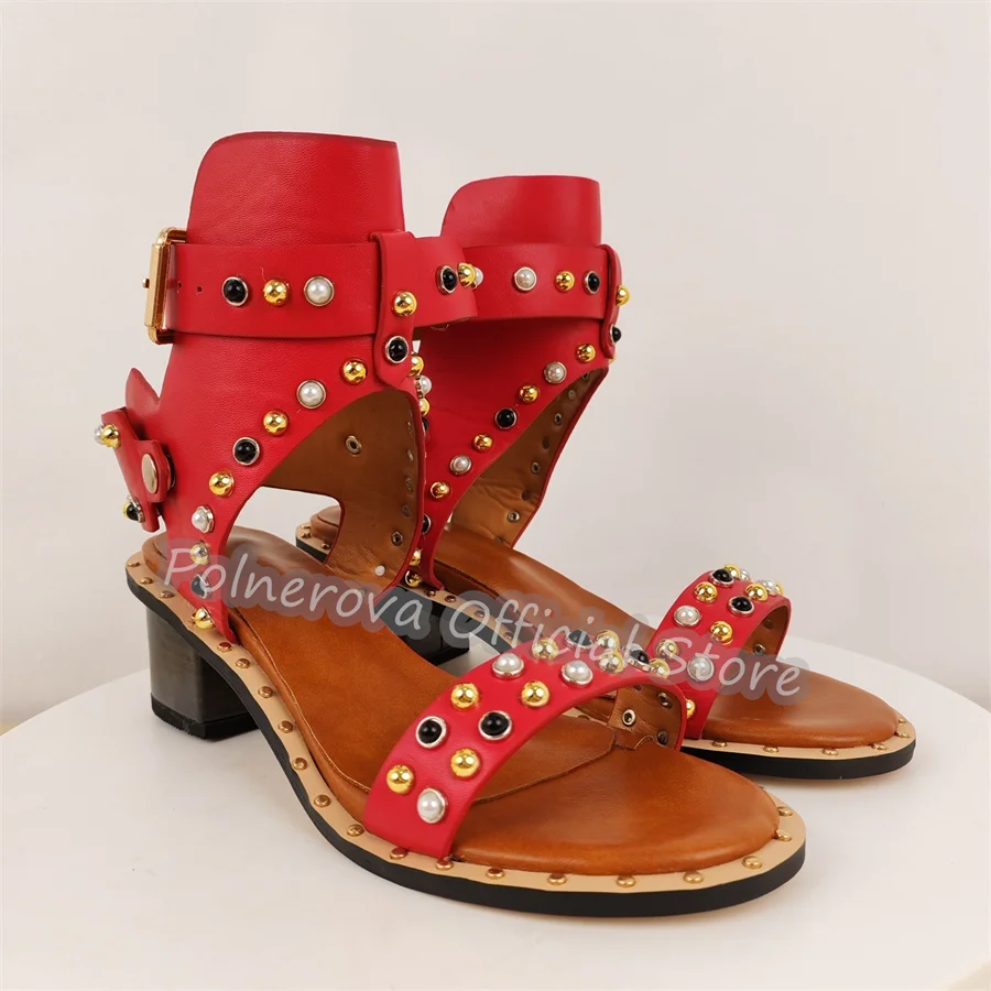 

Punk Crystal Rivet Decor One-Strap Women Sandals Summer Open Toe Chunky High Heels Gladiator Shoes Lady Buckle Strap Pumps