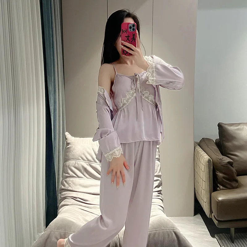الجليد بيجامة من الحرير دعوى النساء ثلاث قطع كيمونو الدانتيل Homewear البشكير منامة مجموعة الصيف فام ملابس خاصة ملابس النوم
