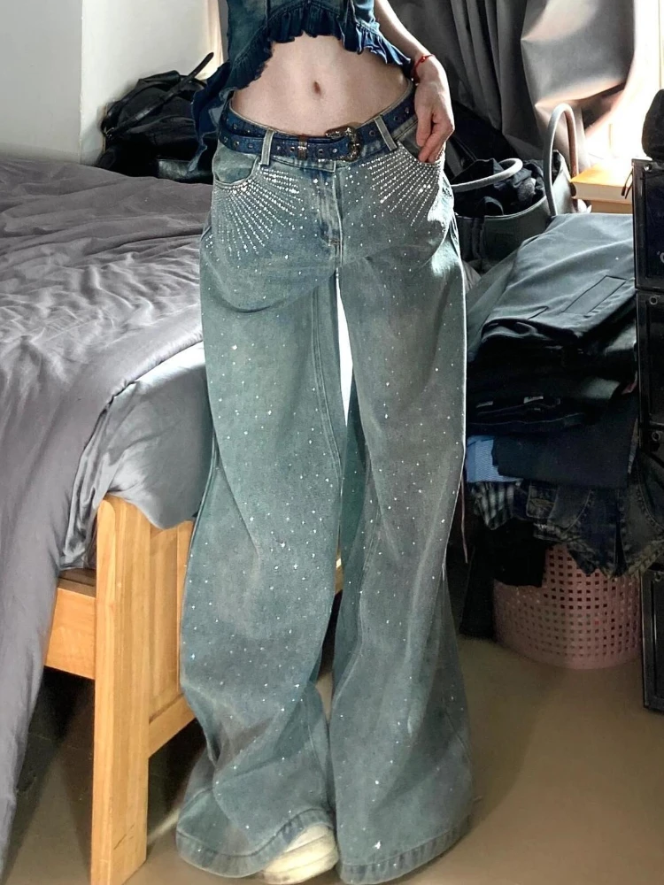 HOUZHOU Vintage Rhinestone Jeans Women Y2k Baggy Kpop Gyaru Blue Denim Pants Korean Fashion High Waist Streetwear Wide Leg Jeans