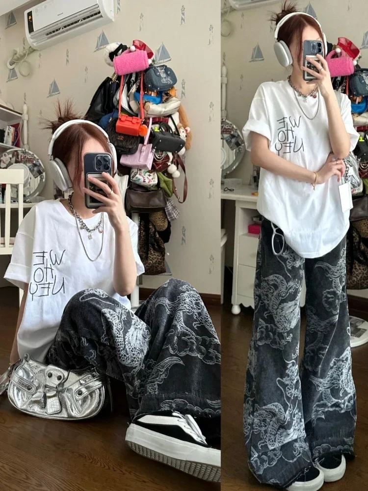 ADAgirl Chinese Style Jeans Women Y2k Vintage Baggy Dragon Print High Waist Zip Wide Leg Denim Pants Hip Hop Causal Kpop Bottoms