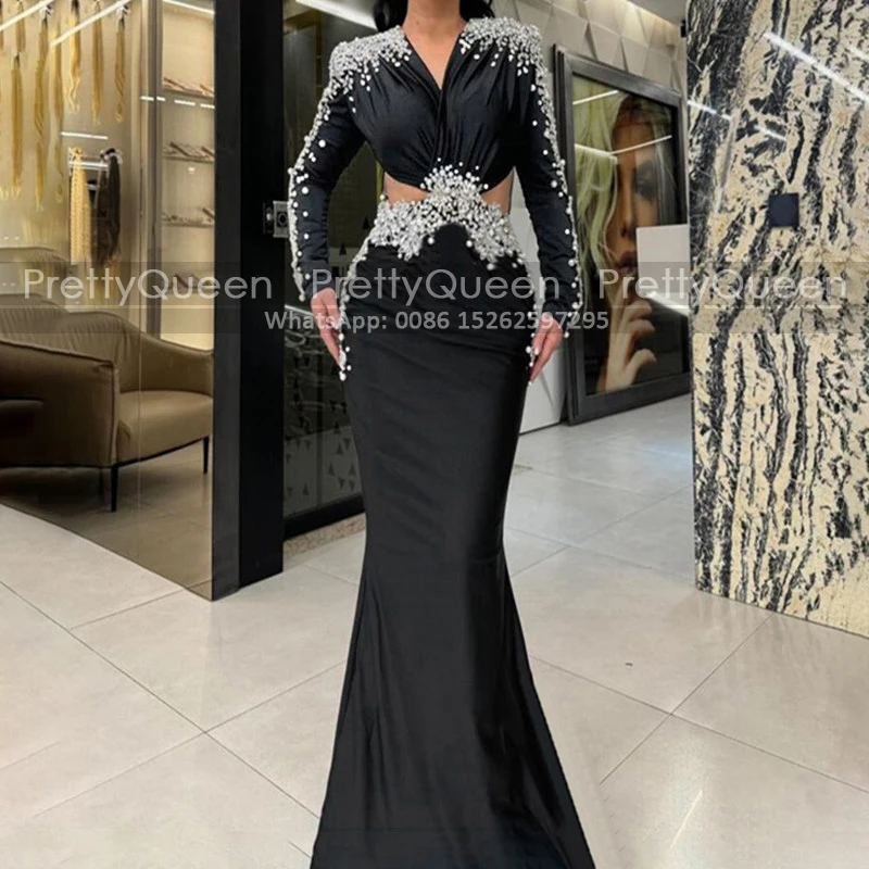 Customized Luxury Beaded Prom Dresses With Long Sleeves Mermaid V Neck Cutaway Sides Sheath Formal Party Dress