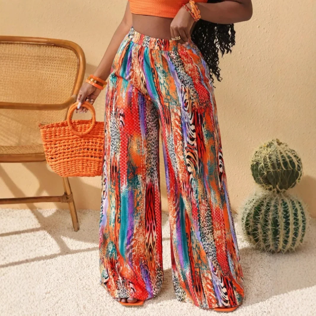 

2025 Summer Mid Waist Printed Wide Leg Pants Women's Breathable Loose Pants Vacation Style Loose Casual Pants