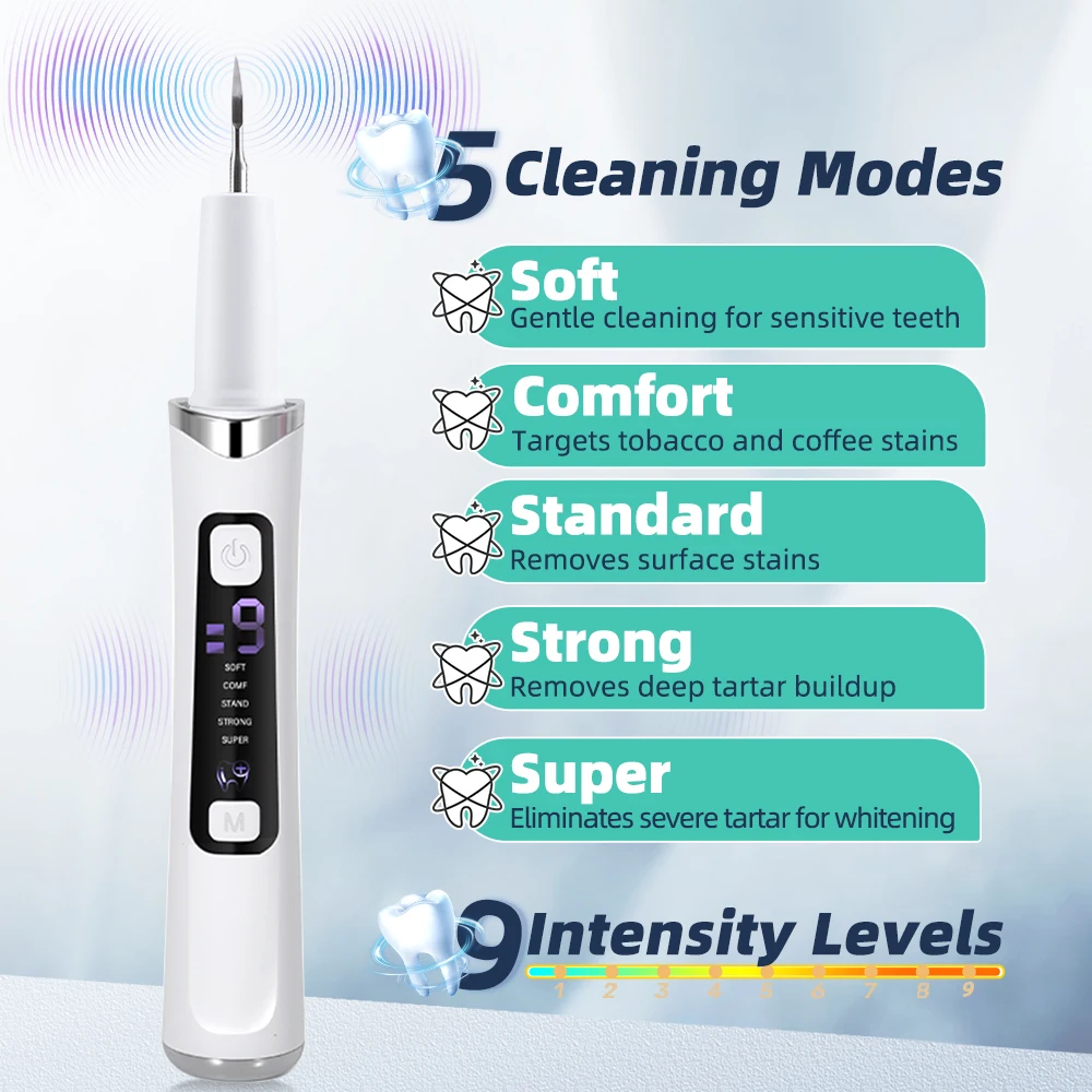 Limpador de dentes ultrassônico com 5 modos de luz LED Raspador dental Removedor de cálculo Mancha Placa Remoção de tártaro Ferramentas de limpeza de dentes