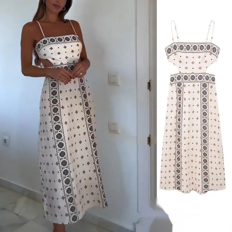 

​Vintage Print Slim Long Dress Women Spaghetti Strap Backless Dresses New 2024 Summer Fashion Holiday Beach Party Date Vestido