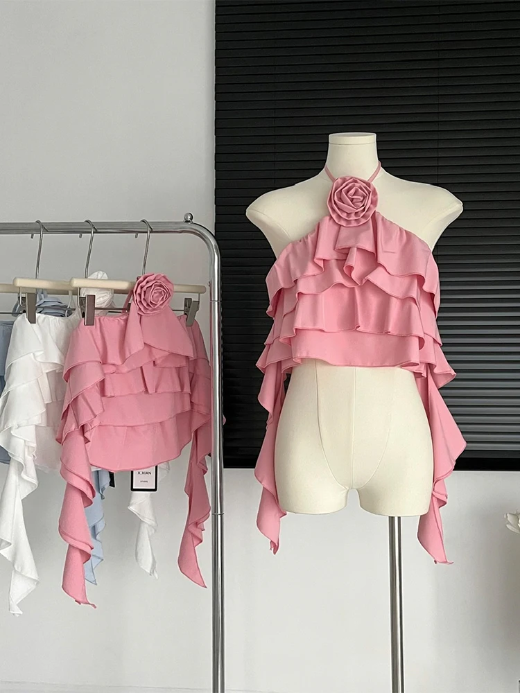 2023 Summer Women Camis Backless Design Stacked Ruffle Suspender Vest Sexy Crop Top Streetwear Aesthetic French Vintage Fashion