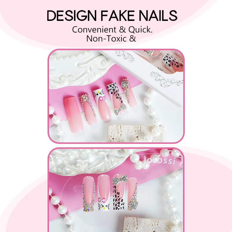 24pcs Long Press on Nails HelloKitty Design with Rhinestones Acyrlic False Nails Coffin White French Wearable Fake Nail Tips Art