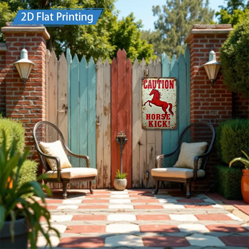 [2D FLAT] علامة معدنية مكونة من قطعة واحدة، علامة تحذير ركلة الحصان الريفي مقاس 8 × 12 بوصة لديكور المزرعة