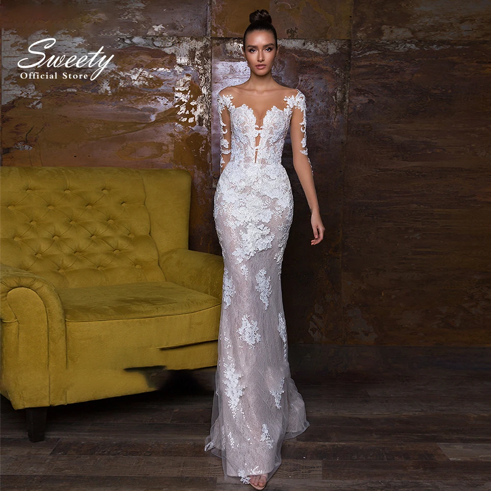 Vestido de casamento com trem destacável, renda bordada com lantejoulas, sereia, vestido de baile, manga completa, gola redonda, personalizado