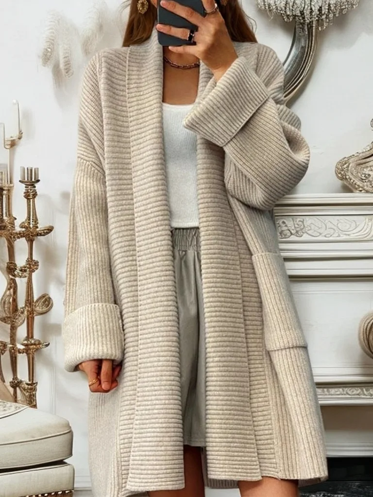 2025 Autumn and Winter New Women's Thick Medium Long Solid Color Knitted Cardigan Loose Pocket Sweater Jacket