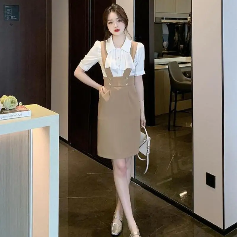 2023 Summer New Arrival Korean Fashion Style Temperament Shirt Commuter Versatile Slim Fit Strap Dress Two Piece Set For Women