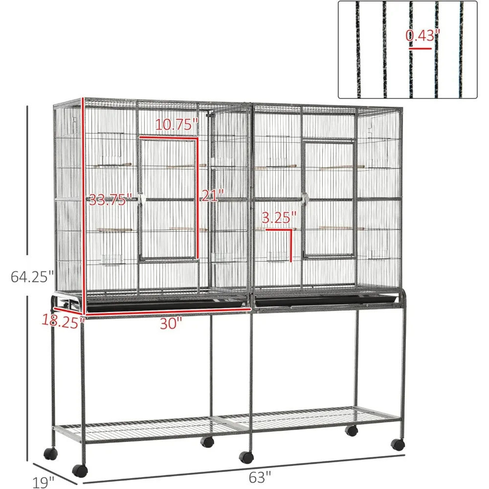 Imagem -05 - Pawhut-double Rolling Metal Bird Cage 65 Alimentador com Suporte Rolante Destacável Prateleira de Armazenamento Perch Wood Food Container