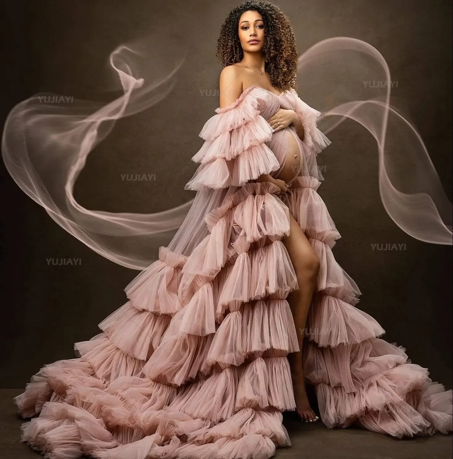 Luxury Ruffles Maternity Dress for Photoshoot Off The Shoulder Tiered Skirts Ruffled Tulle Bridal Bathrobe Nightwear Shoot Robe