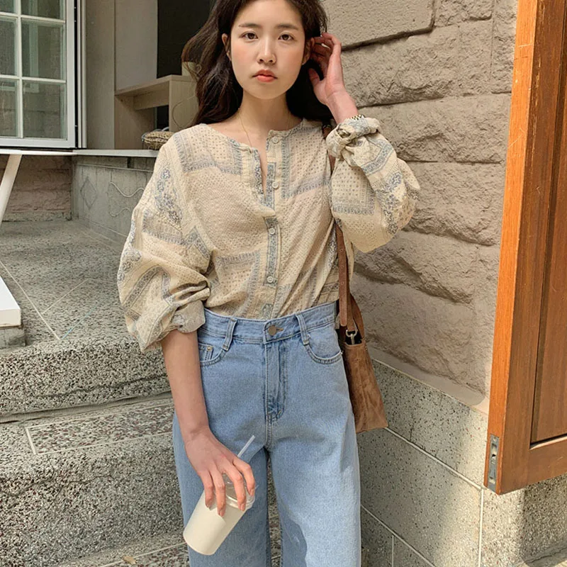 Summer 2025 Korean All-match Gentle Vintage Literary Shirt Female 2025 Long-sleeved Printed National Style O Neck Shirt Female