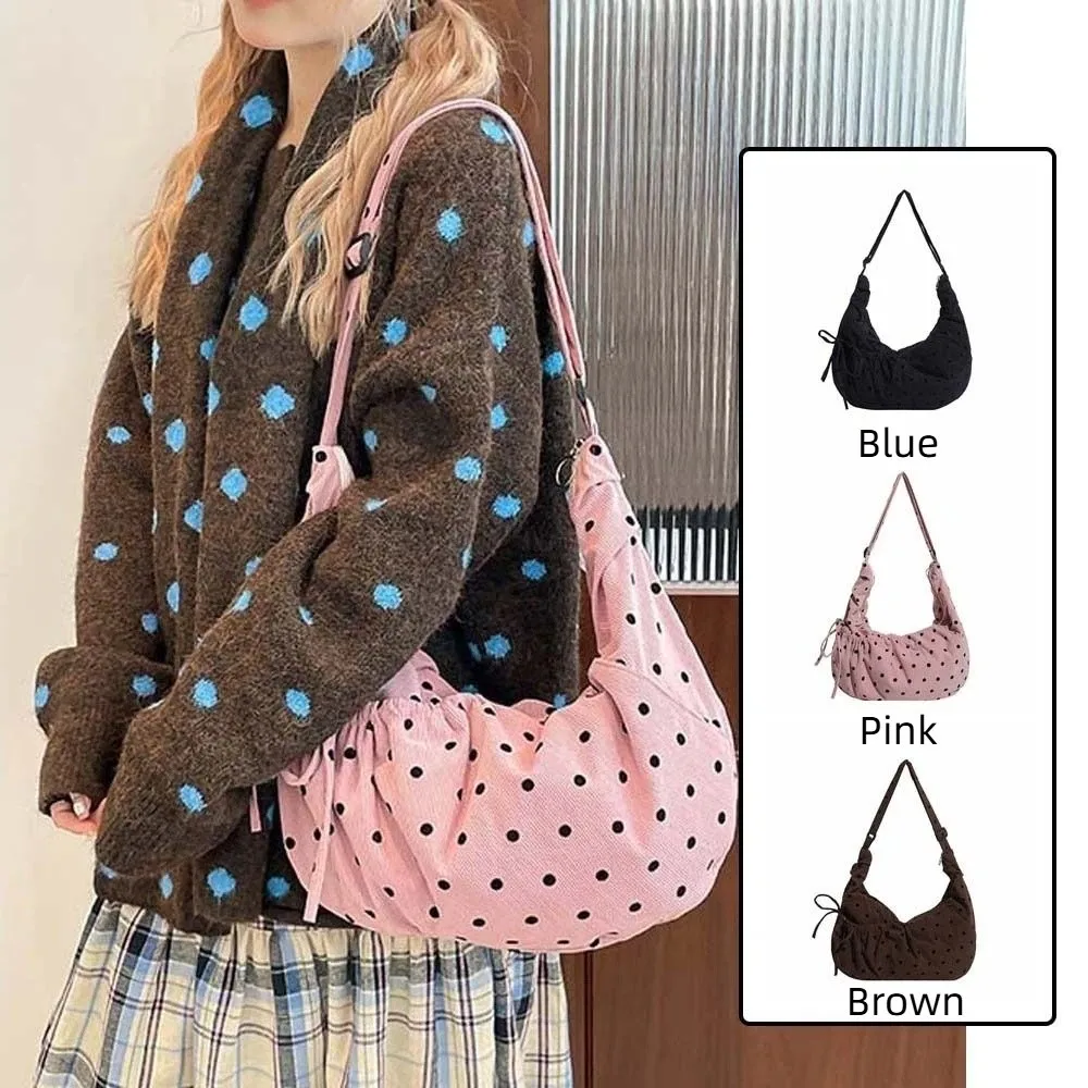 

Pleated Straps Polka Dot Dumpling Bag Polyester Sweet Bow Decoration Crossbody Bag Large Capacity Lightweight