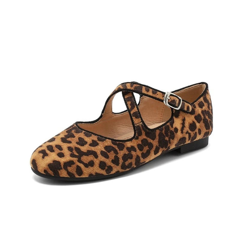 Women Leopard Flats Cross Buckle Strap Round Toe Casual Shoes Daily Outdoor Office Shoes Pregnant Mother Shoes Sz35-43