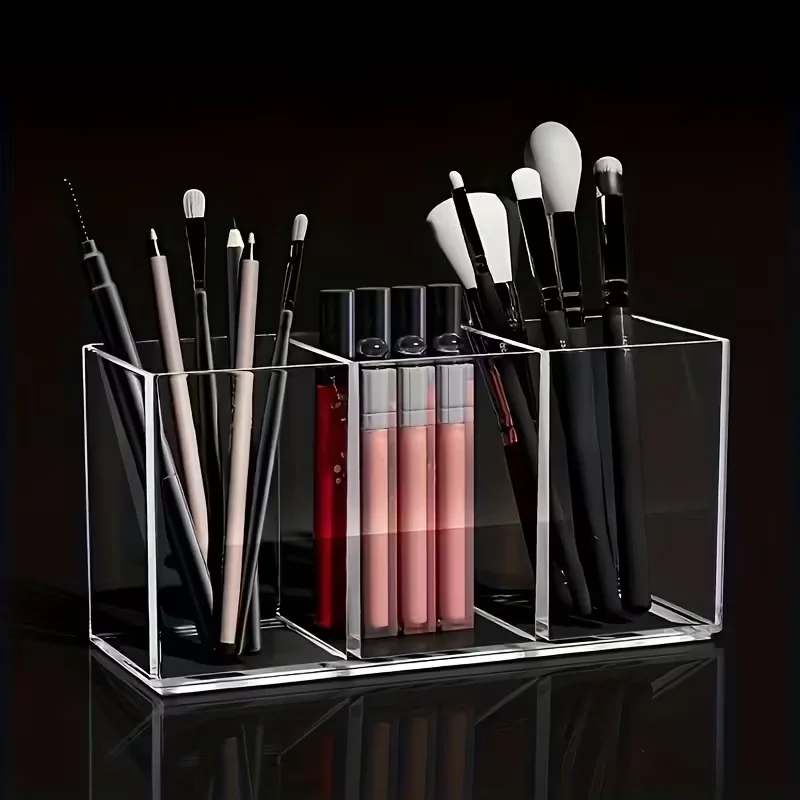 Make-up-Pinsel-Aufbewahrungsbox, Make-up-Pinselhalter, Organizer, transparenter Behälter für Kosmetikpinsel, Aufbewahrung mit 1/2/3 Fächern – ideal für den Schminktisch – Detail 10