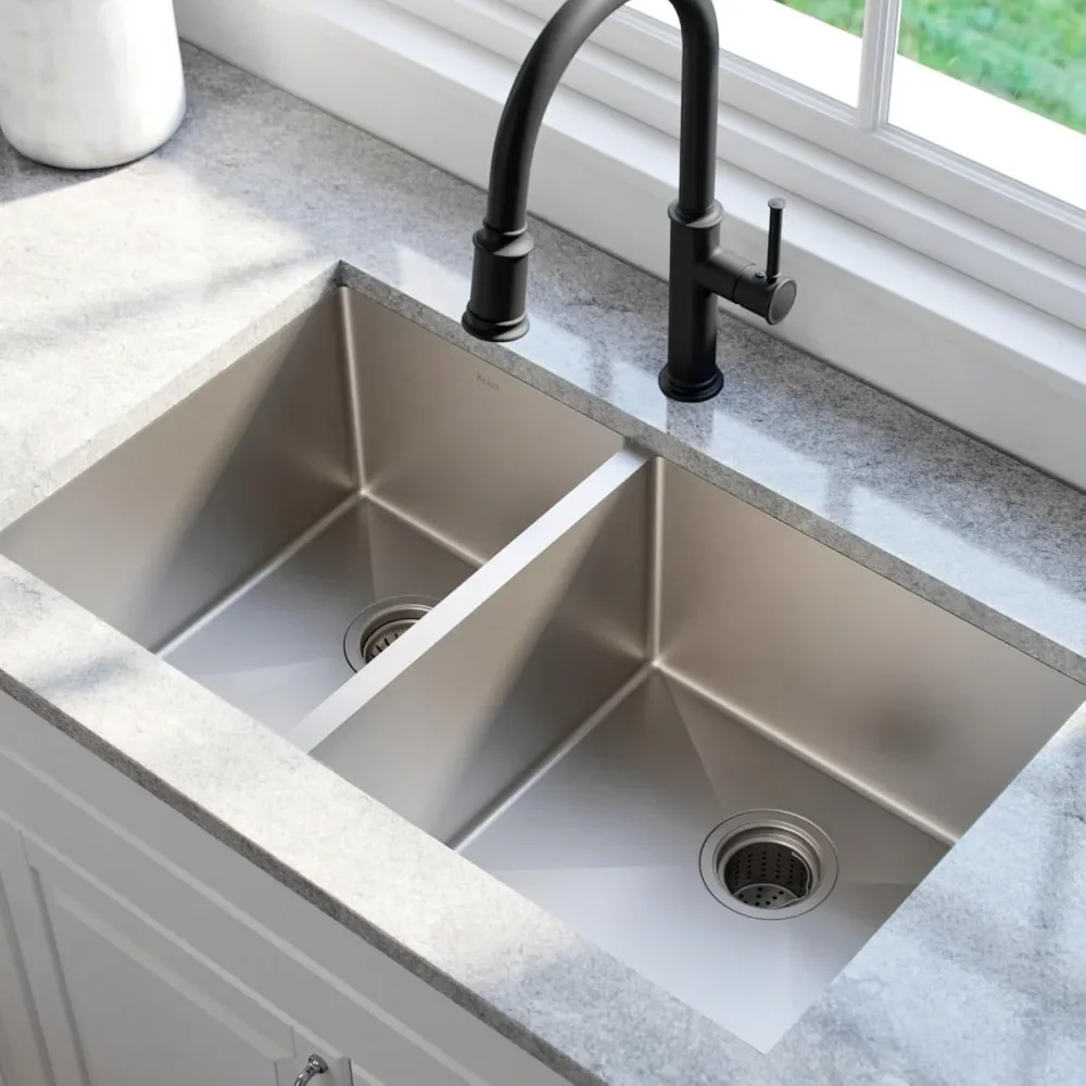 Standart PRO 33 بوصة 16 مقياس Undermount 60/40 وعاء مزدوج من الفولاذ المقاوم للصدأ، KHU104-33