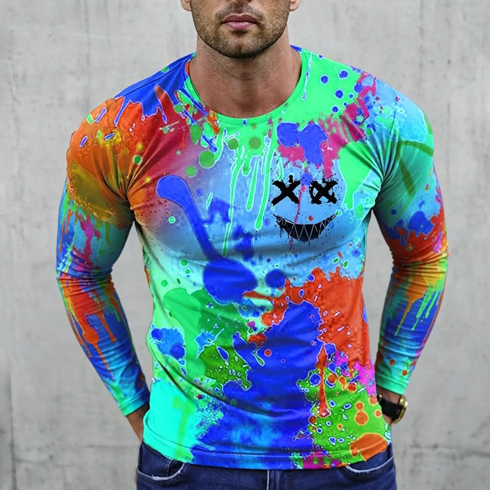 Men's Long Sleeve T-Shirt Colorful Splash Ink Smiley Face Print Crew Neck Street Casual Tops