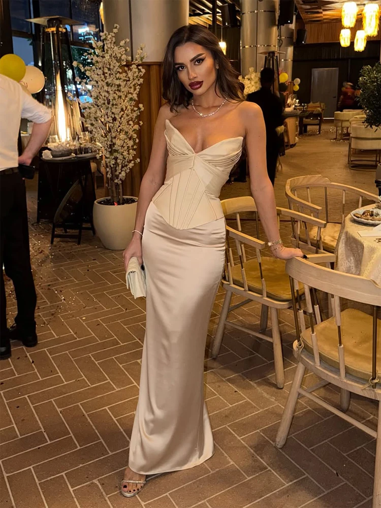 

Sexy Strapless Slim Maxi Skirt Set Women Chic Backless Off Shoulder V-neck Corset Top Suit 2026 Lady Evening Party Outfit New