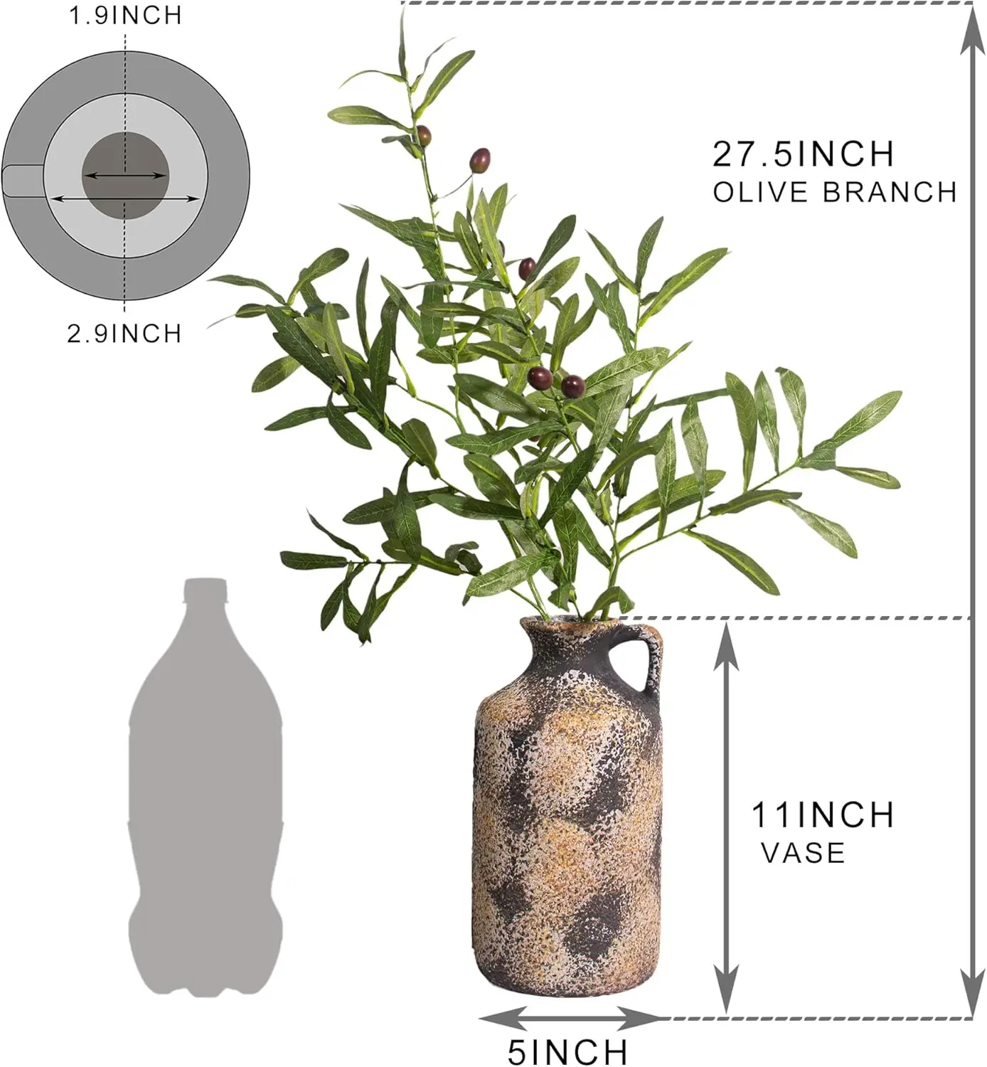 

11"" Black Rustic Vase Set, Including 27.5'' Faux Olive Branches With 10 Stems,Textured Minimalist Jug For Living Room,Dining