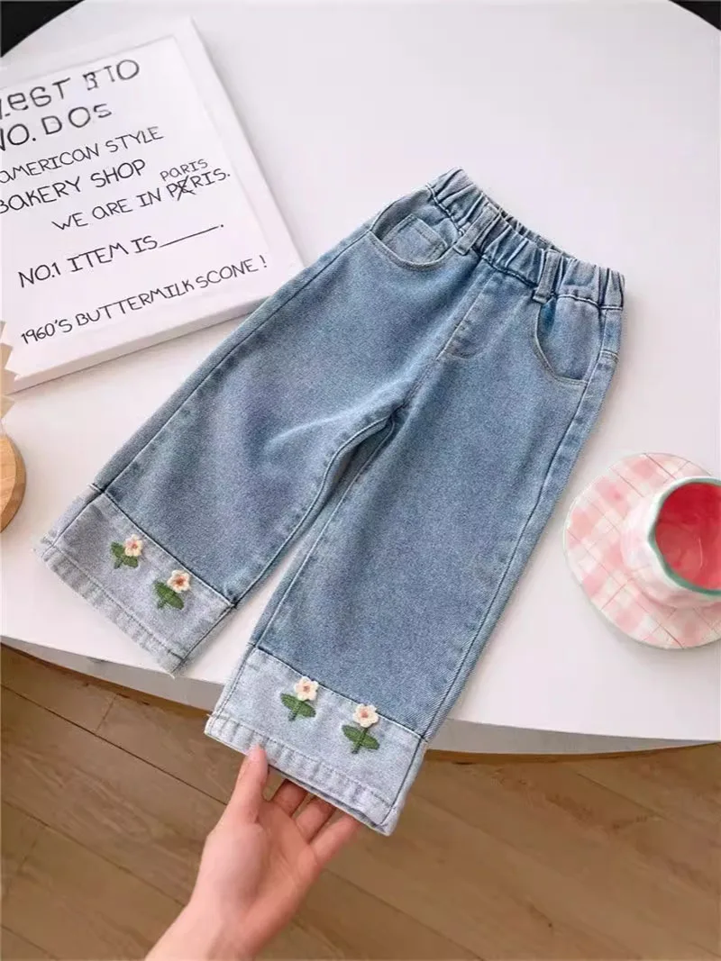 

MILANCEL New Autumn Kids Jeans 1-7T Cute Embroidered Flowers Girls Wide Leg Pants Loose Korean Version Children Straight Pants