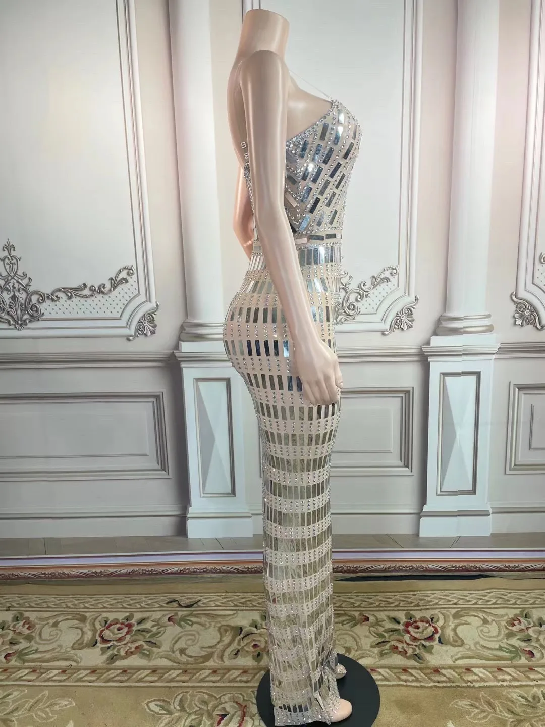 New Sparkly Silver Rhinestones Transparent Sleeveless Dress Prom Party Birthday Celebrate Stones Outfit Evening Singer Costume