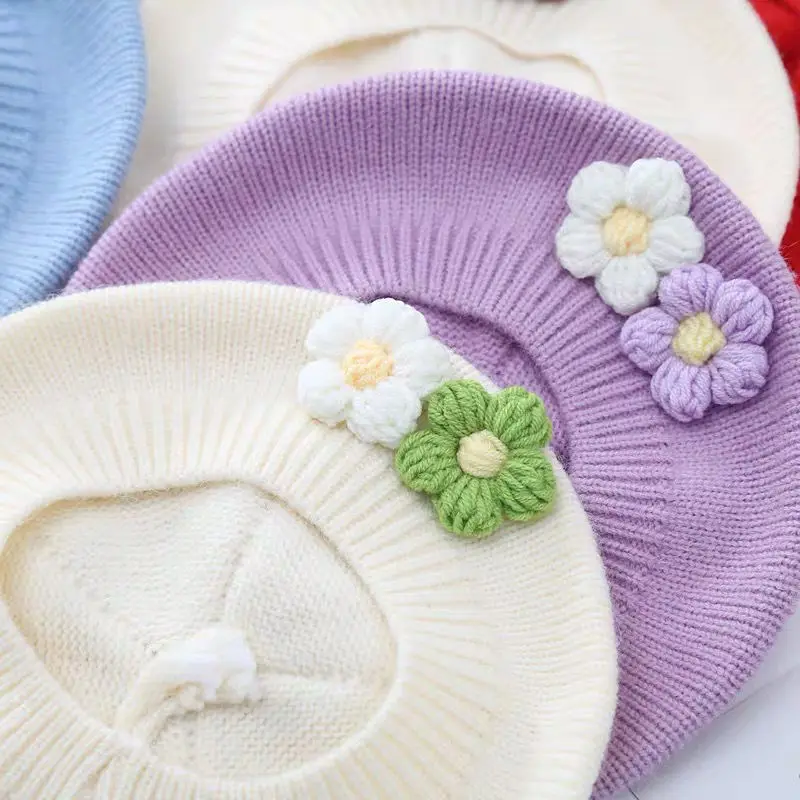 Winter Spring Knitted Warm Baby Hat Vintage Solid Color Flower Beret Hats For Kids Girls Korean Casual Child Artist Painter Cap