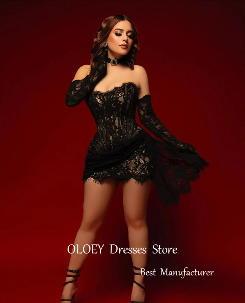 Oloey sexy Mini schwarze Spitze Abschluss ball Party Kleider uns Frauen Schatz lange Handschuhe Mini Cocktail kleid formelle Abendkleider plus Größe