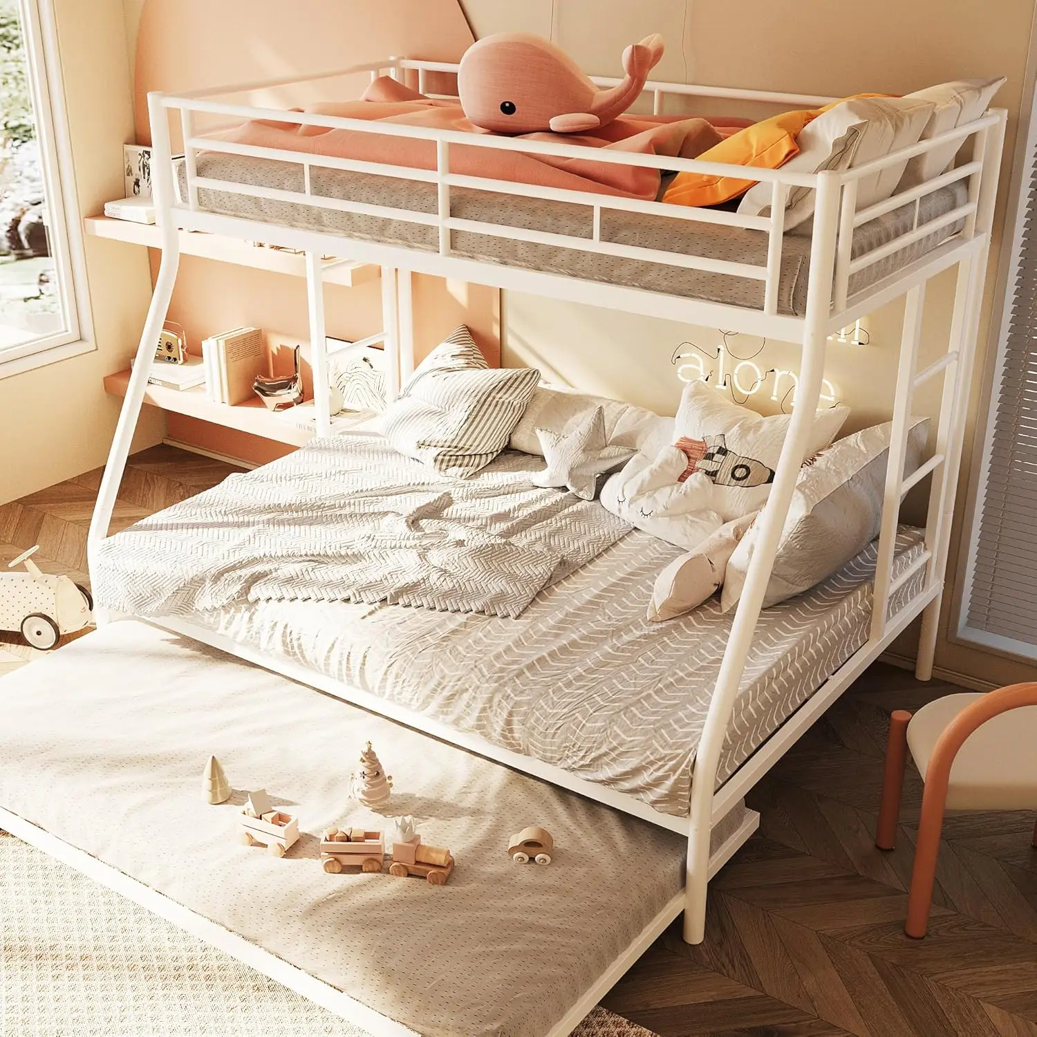 For Small Bedrooms, Metal White Bunk Bed with Double Secured Ladders, Surrounded Safety Guardrails, Trundle, Noise Free