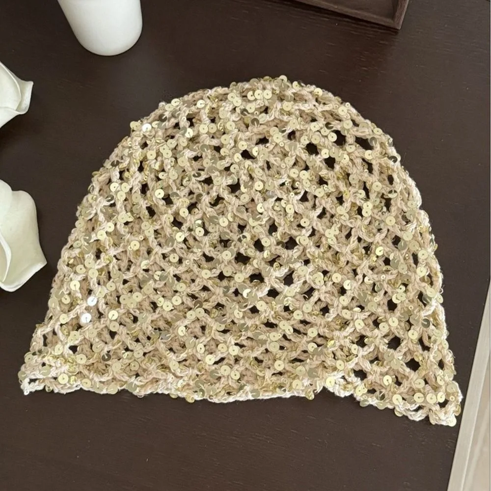 

Casual Vintage Sequin Woven Cap Hollow Y2k Sequin Bucket Hat Knit Thin Beanie Hats Summer