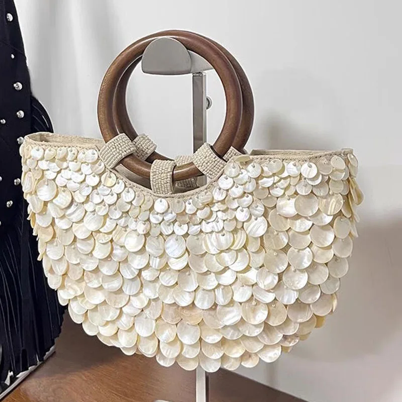 Pearl Applique Bag Spring New Handmade Natural Shell Beaded Small Top Handle Tote Handbag For Woman Beige Wedding Party Bags