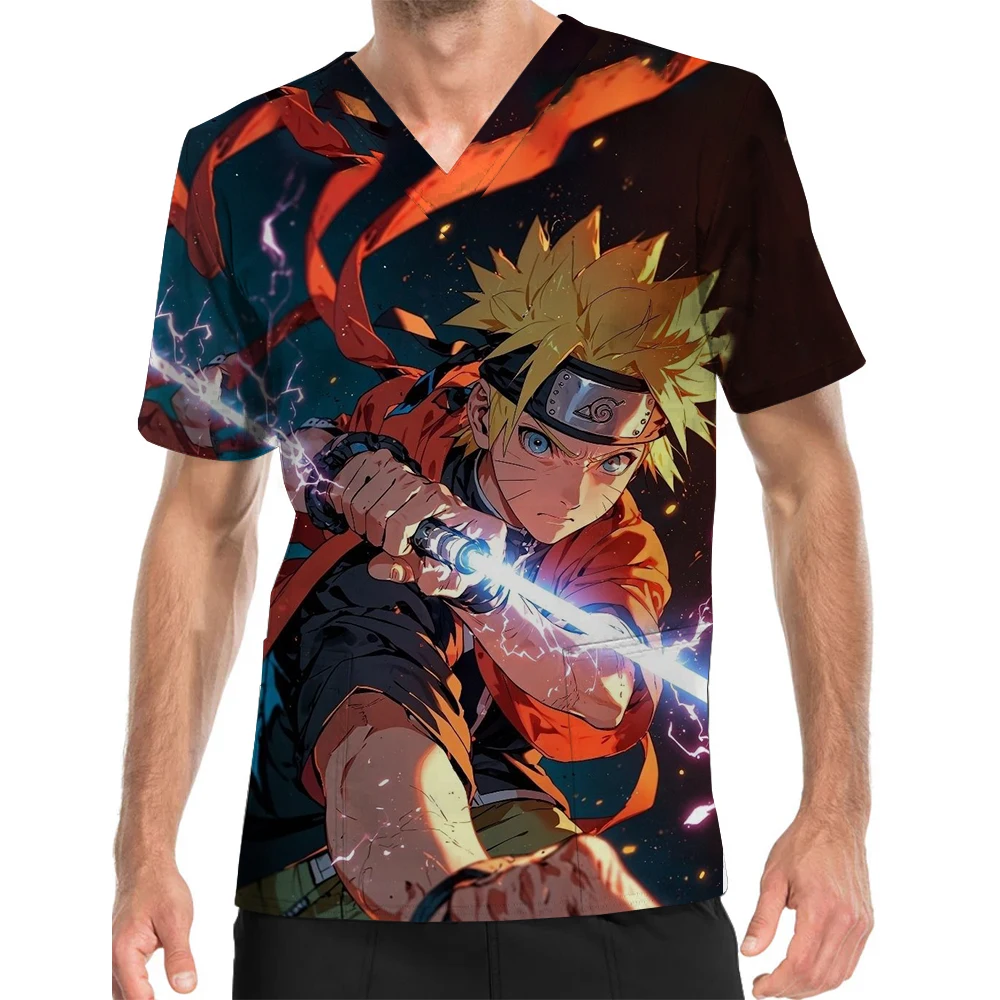 Men's Comfortable Work Top Naruto Naruto Pattern V-Neck Print Scrub Top Beauty Salon Doctor Nurse Care Worker Work Uniform