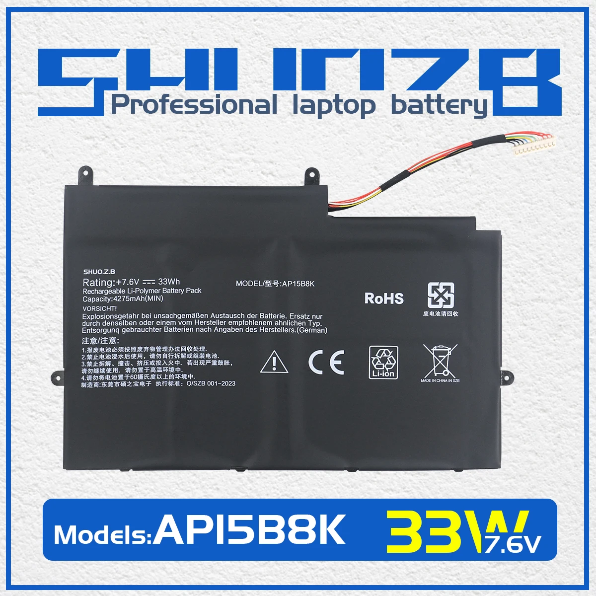 

SHUOZB AP15B8K Laptop Battery For Acer Aspire Switch 11V SW5-173 12S SW7-272 KT.0020G.005 NT.G74AA.002 7.6V 33Wh 4275mAh