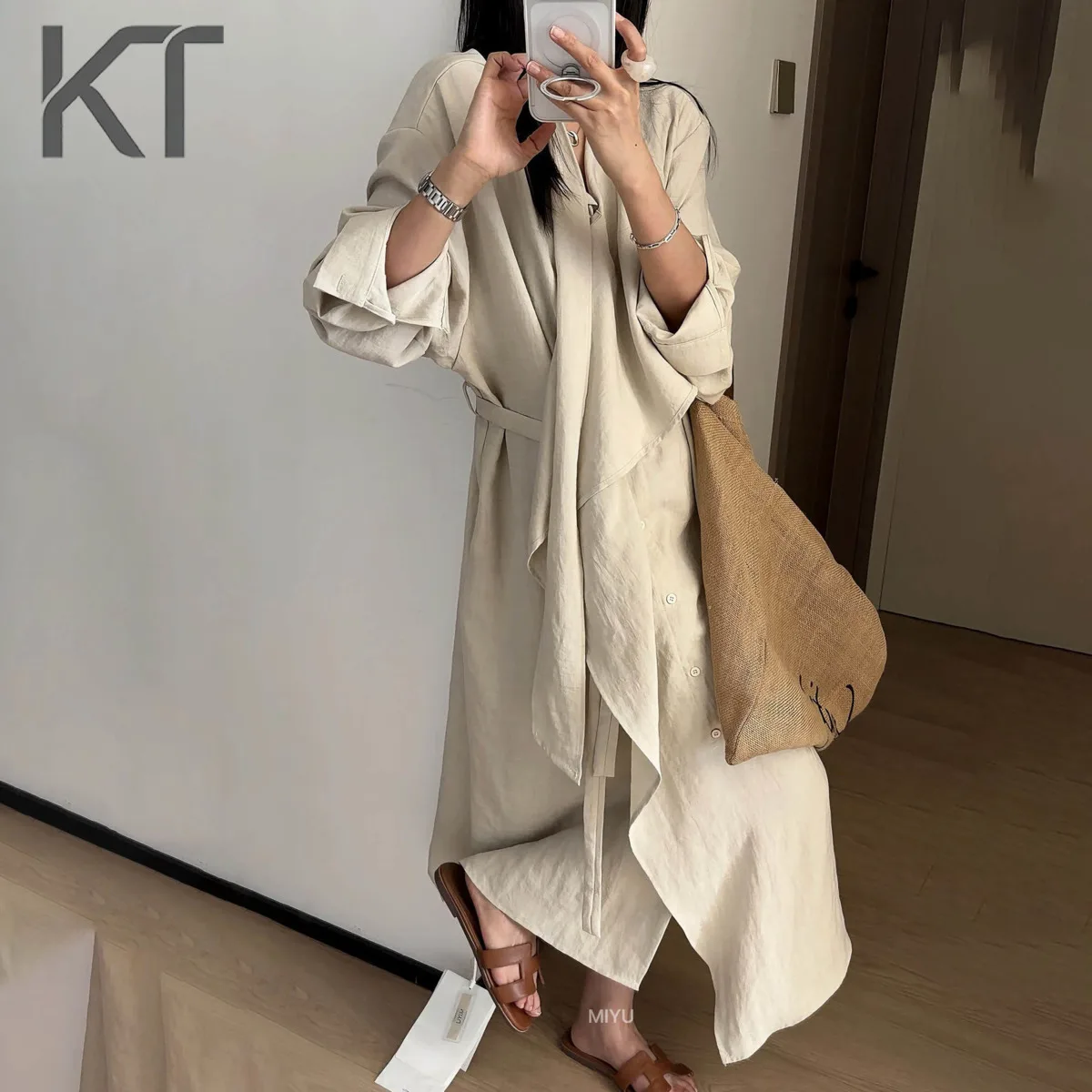 

Пальто женское льняное KT 2026 Trend, бежевое, с поясом, свободного кроя, длинное, повседневное, верхняя одежда