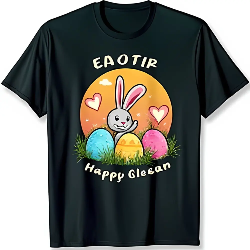 Black T-Shirt with Colorful Easter Graphic Eggs & Hearts Design