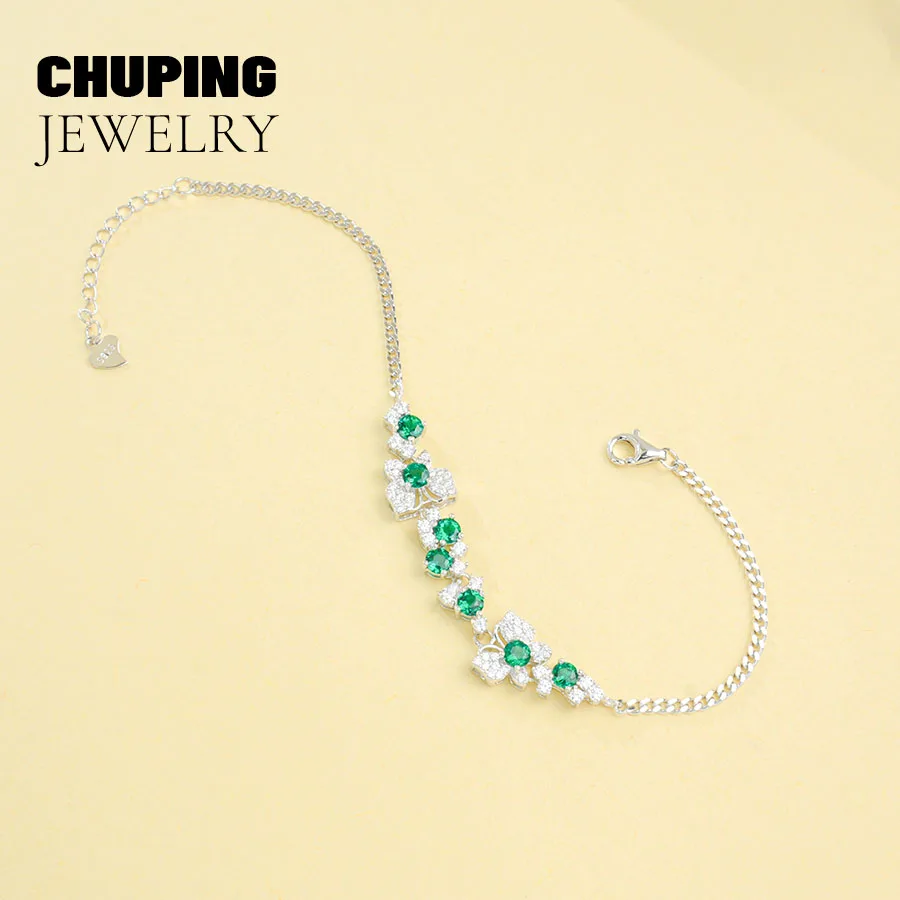 ChuPing مجوهرات الأزياء مختبر نمت الزمرد قطع مستديرة 3.5 مللي متر S925 سوار للنساء الكلاسيكية حفلة عيد الحب هدية عيد ميلاد