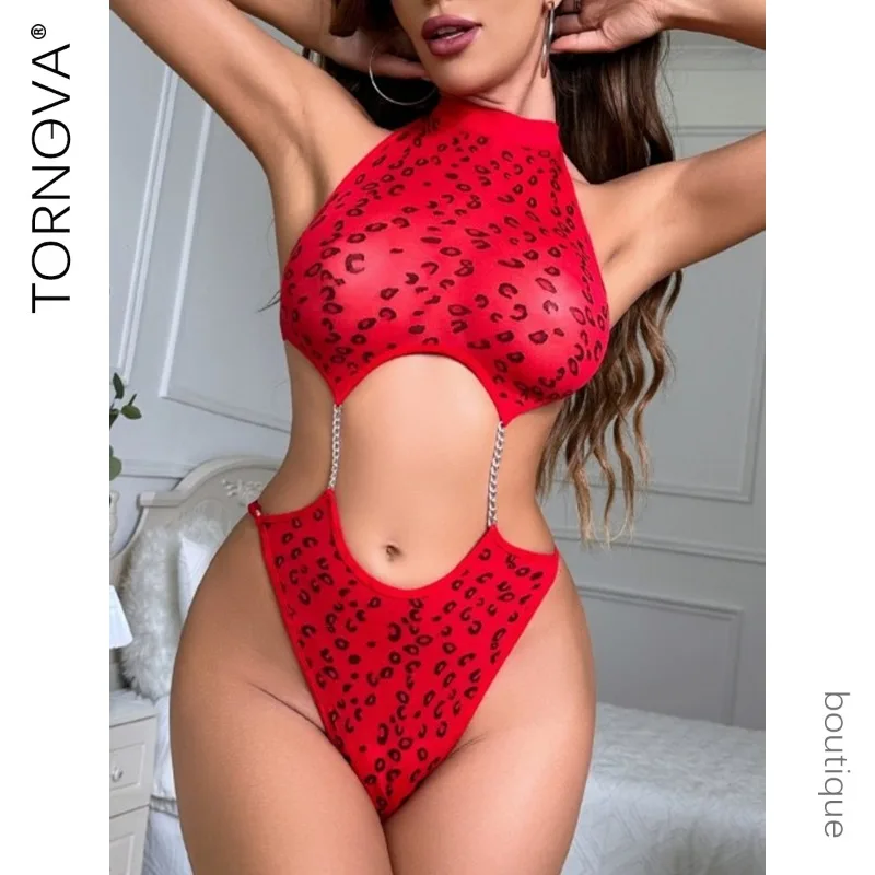 Setelan Lingerie Seksi Tornova untuk Wanita Jumpsuit Punggung Terbuka Menggoda Seks Rantai Logam Perspektif Cetak Macan Tutul Seksi Pembentuk Tubuh Baru