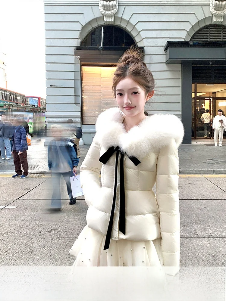 

Women's Winter Puffer Jaet 90 White Du down Fur Collar Waist-Cinching Warm Outerwear Commute Sle ort Length