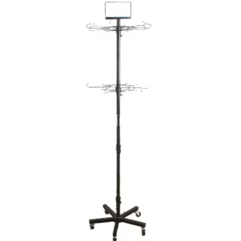 Lightweight metal circular epoxy powder-coated rotating layer display stand, 70 cm high, with three layers of steel wire hooks
