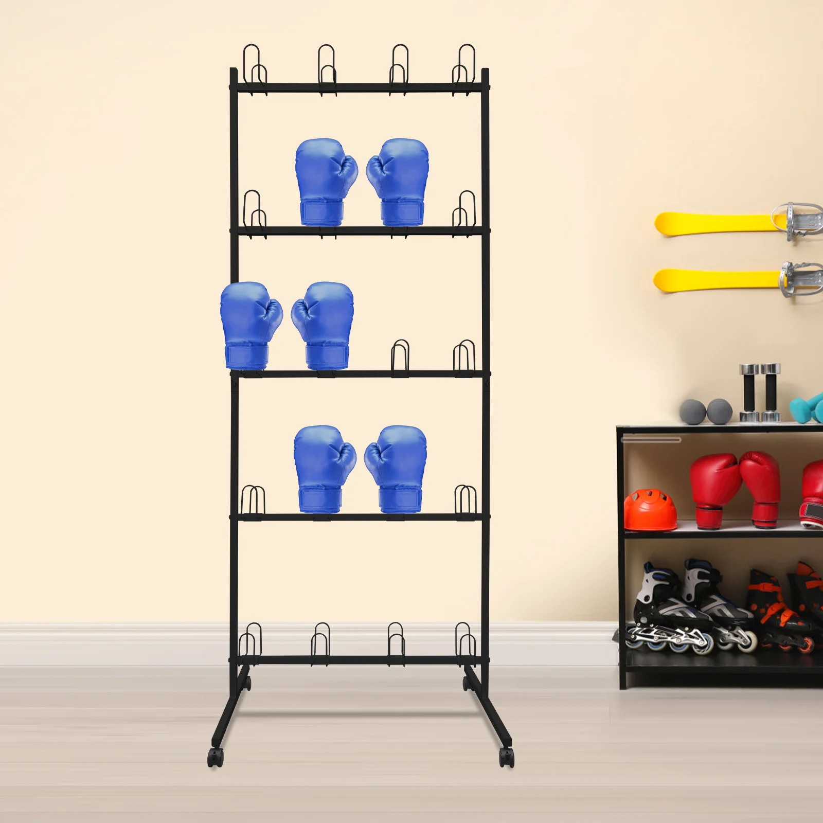 

Black 5-tier Boxing Gloves Drying Rack Freestanding Boxing Glove Storage Stand with Universal Wheels Metal Boxing Glove