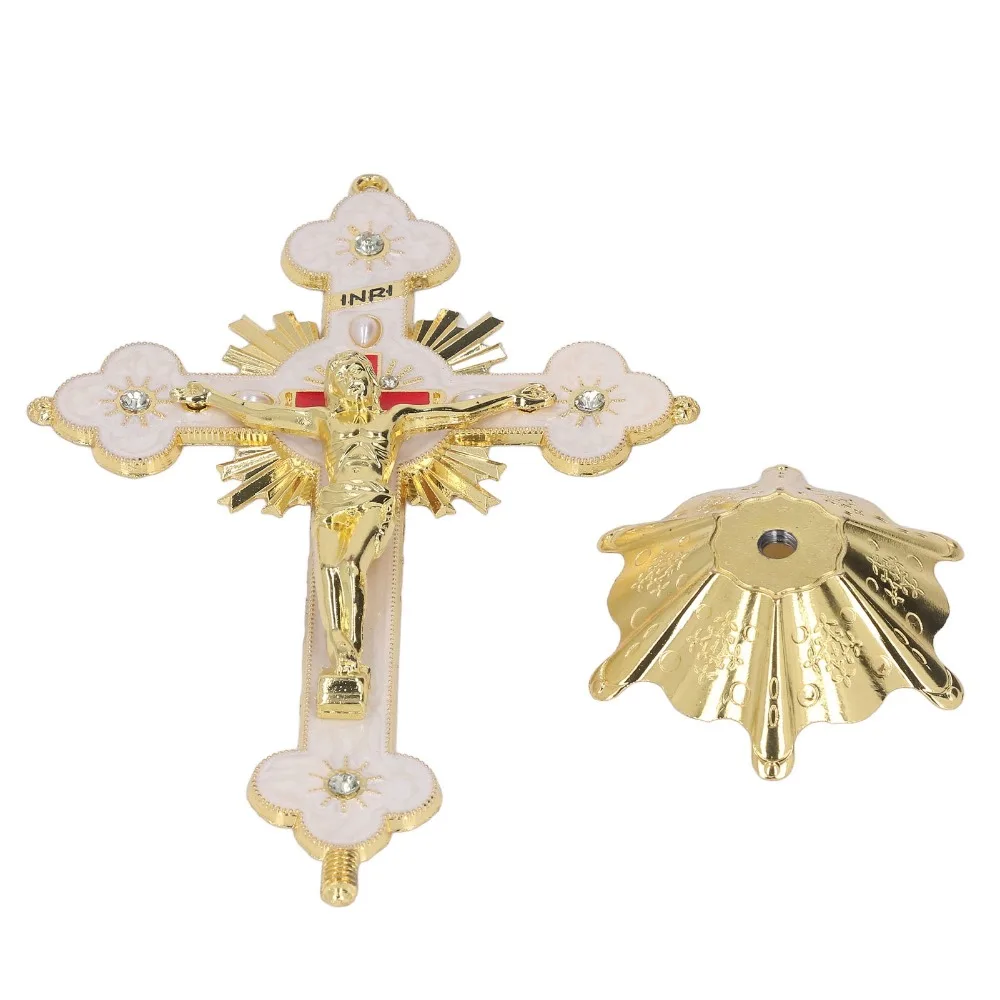 2pcs Detachable Metal Crucifix Cross Freestanding Base White Gold Standing Jesus Cross Enamel Coating Tabletop Cross Decor