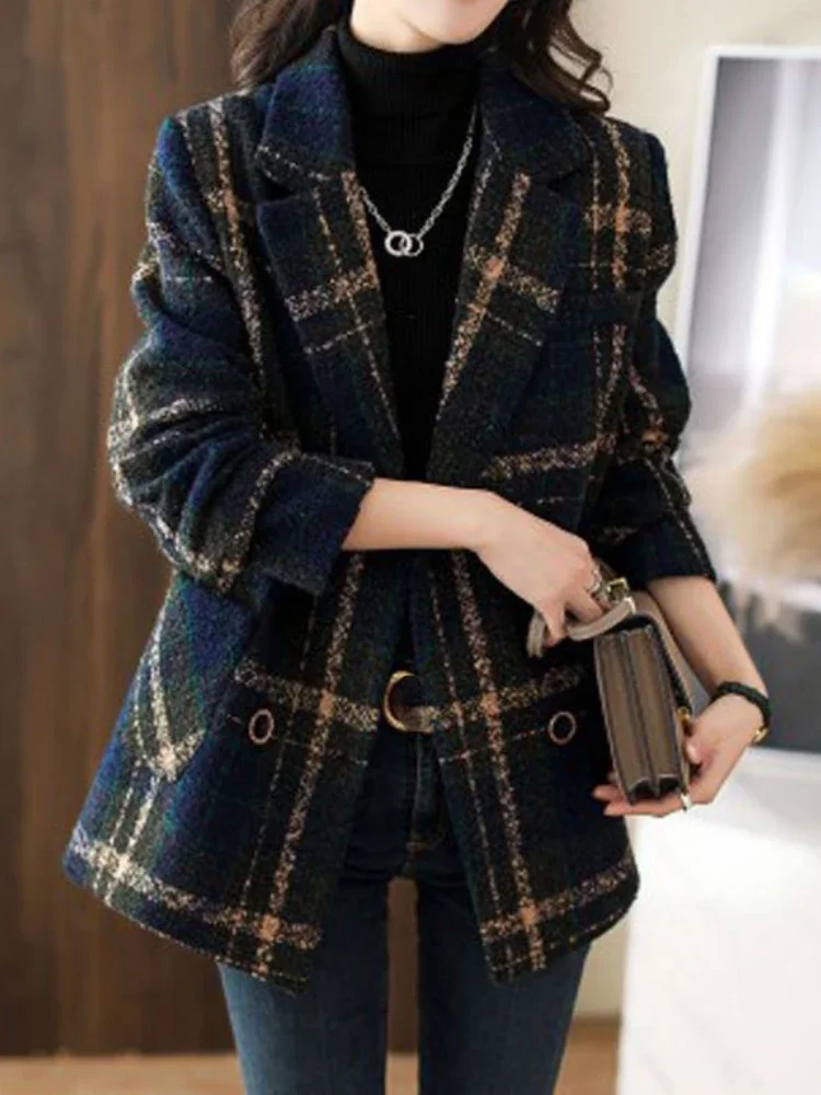 Retro Winter Coat for Women Turn-down Collar Double Breasted Fashion Jackets for Women Check Stitching Versatile Woolen Coat