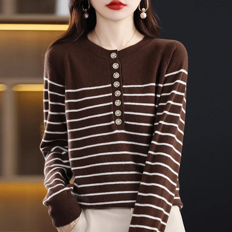 

Button Collar Round Neck Women's Sweater Autumn Winter New 100% Pure Wool Striped Knitwear Comfortable Loose Pullover