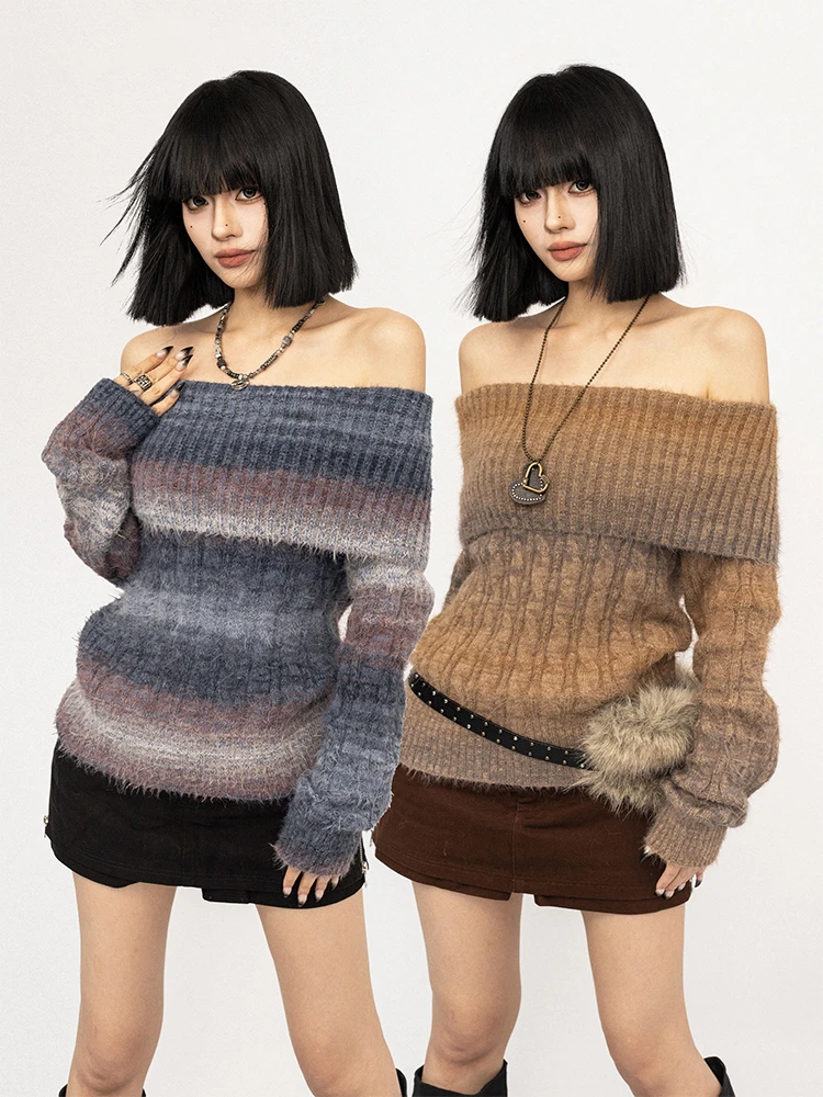 

OCTTFLAB Корейский свитер с одним открытым плечом, градиентный, вязаный, свободного кроя, с вырезом на плече, для женщин, осень-зима