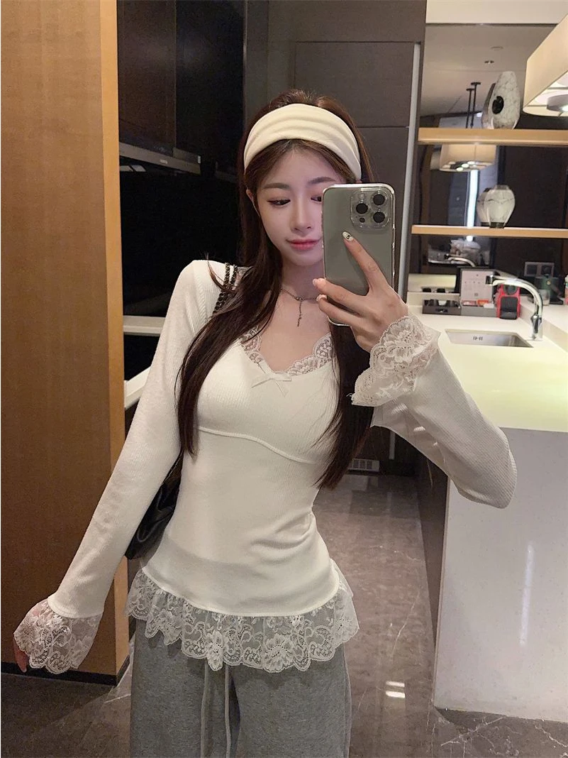 

Slim Fit Long Sve Knitted Base irt Women's Faionable Lace Bot irt Autumn 2025 New Sle Korean Sle Polyest...
