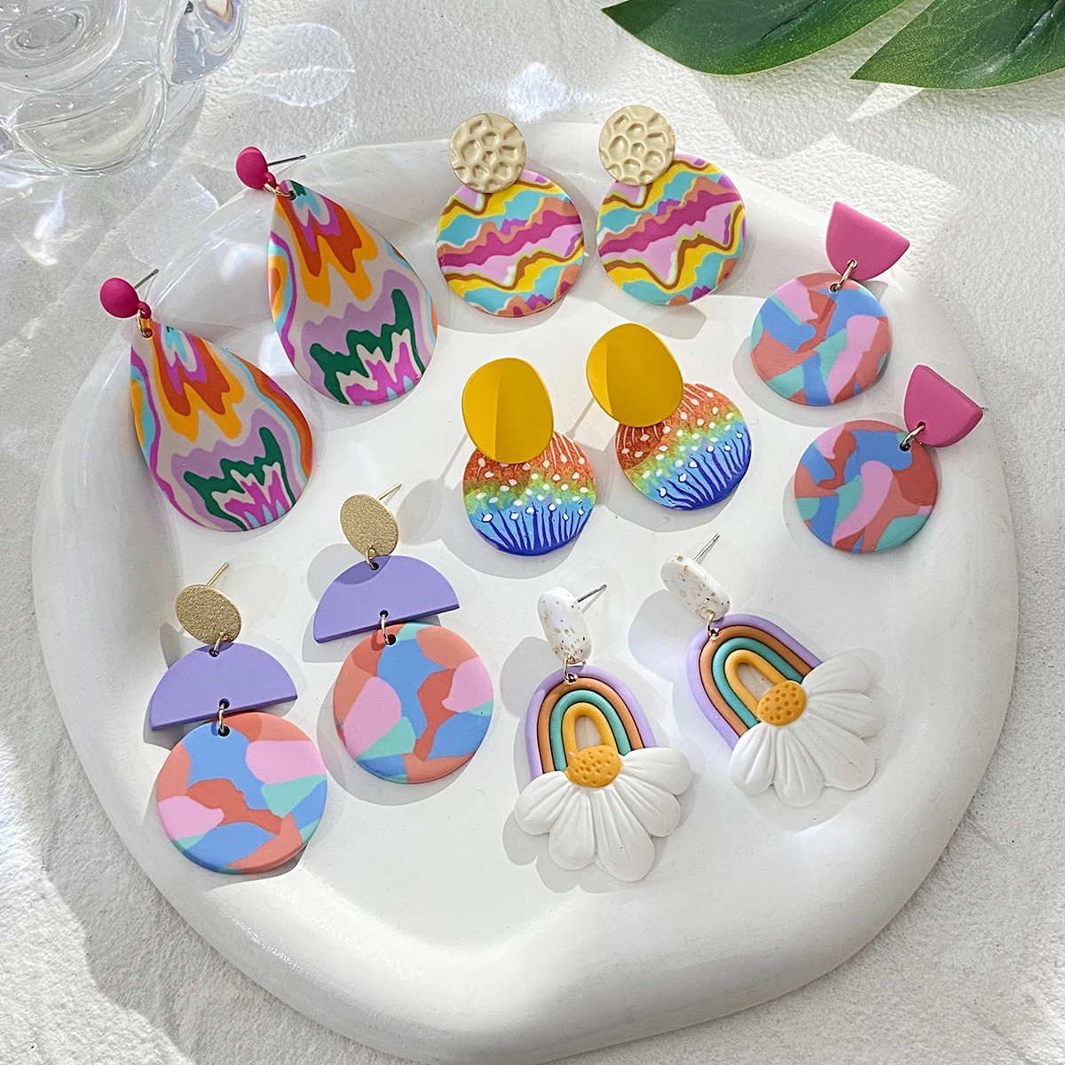 Handmade Colorful Abstract Pattern Polymer Clay Earrings for Women Geometric Round Square Pendientes Drop Earrings Jewelry